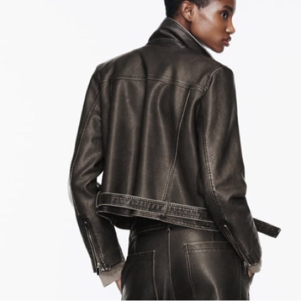 ZARA FAUX DISTRESSED LEATHER JACKET Charcoal - Picture 8 of 12